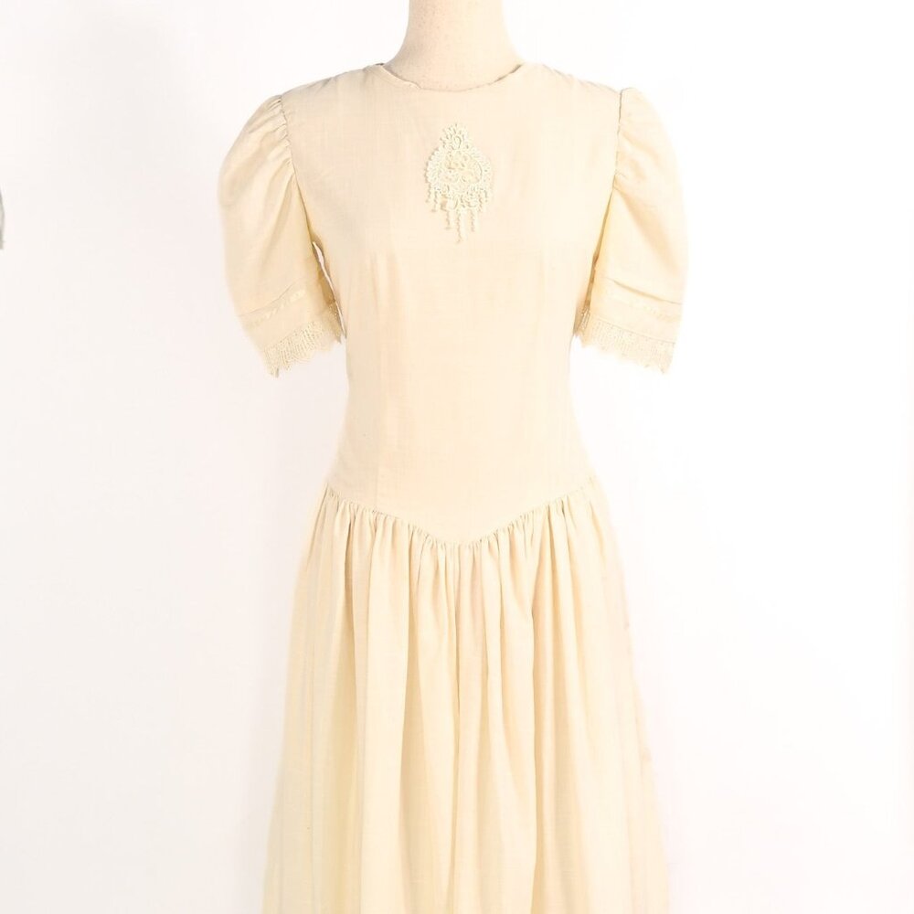 Vintage 80s Cream Cotton Linen Prairie Style Cottage Core Princess Cut Dress